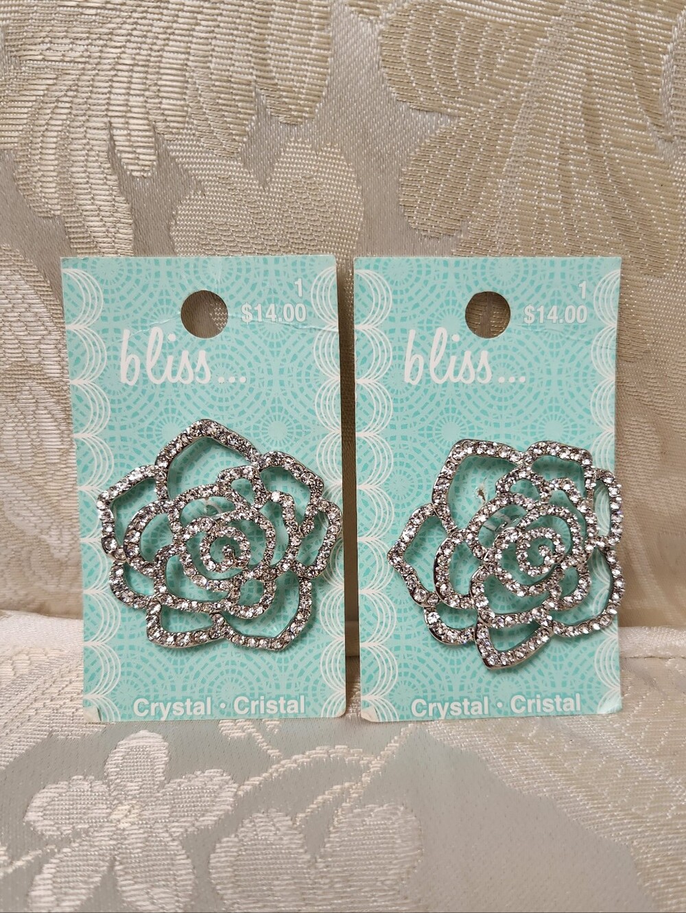 2 Rhinestone Crystal Rose Flower Buttons Brooch Sewing Crafts NWT Bliss...